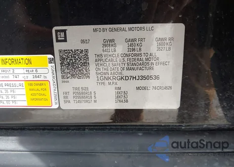 2017 Chevrolet Traverse 1Lt z USA, uszkodzony, nr VIN 1GNKRGKD7HJ350536